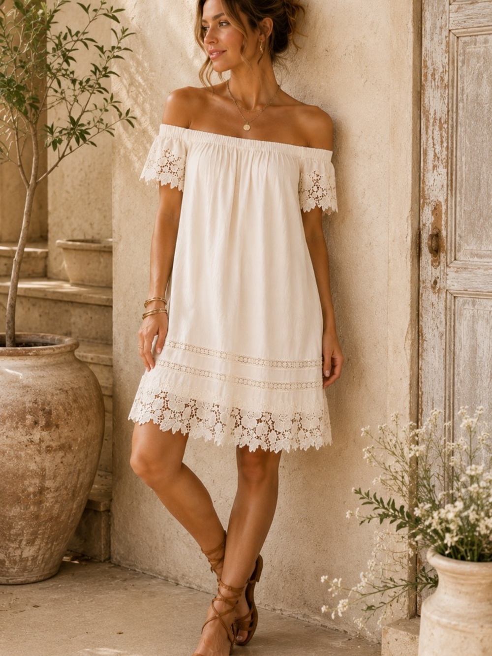 Altar’d State Ivory Off the Shoulder Lace Boho Shift Dress Medium Cottagecore